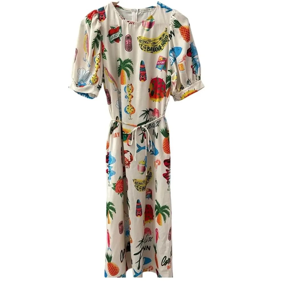 Sunday Up Paradise Printed Puff Sleeve Midi Dress Beige Multi Size Medium - Picture 4 of 11
